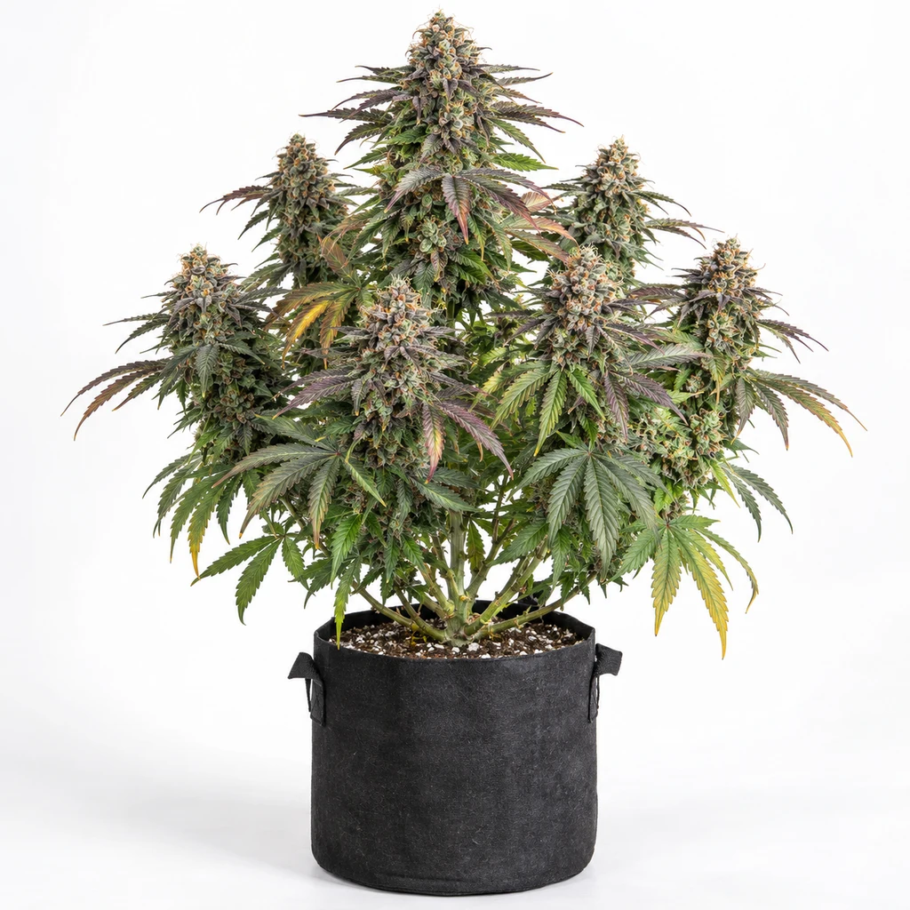 Ilustración de una planta con cogollos y hojas verdes y moradas en maceta negra, para la ficha de Forbidden Fruit Cake Feminizada – Advanced Seeds.