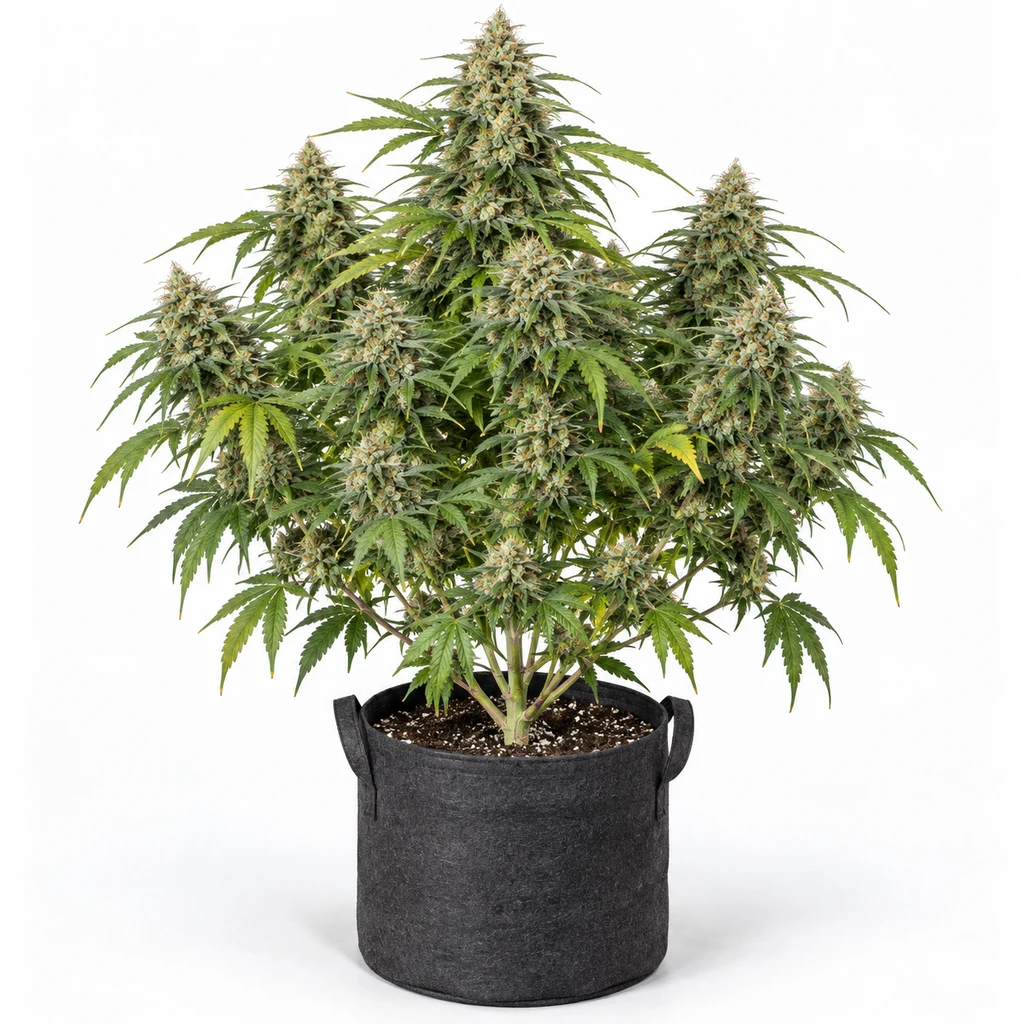 Ilustración de una planta en floración para la ficha de Skywalker Haze Auto, con varias colas florales en maceta negra sobre fondo blanco.