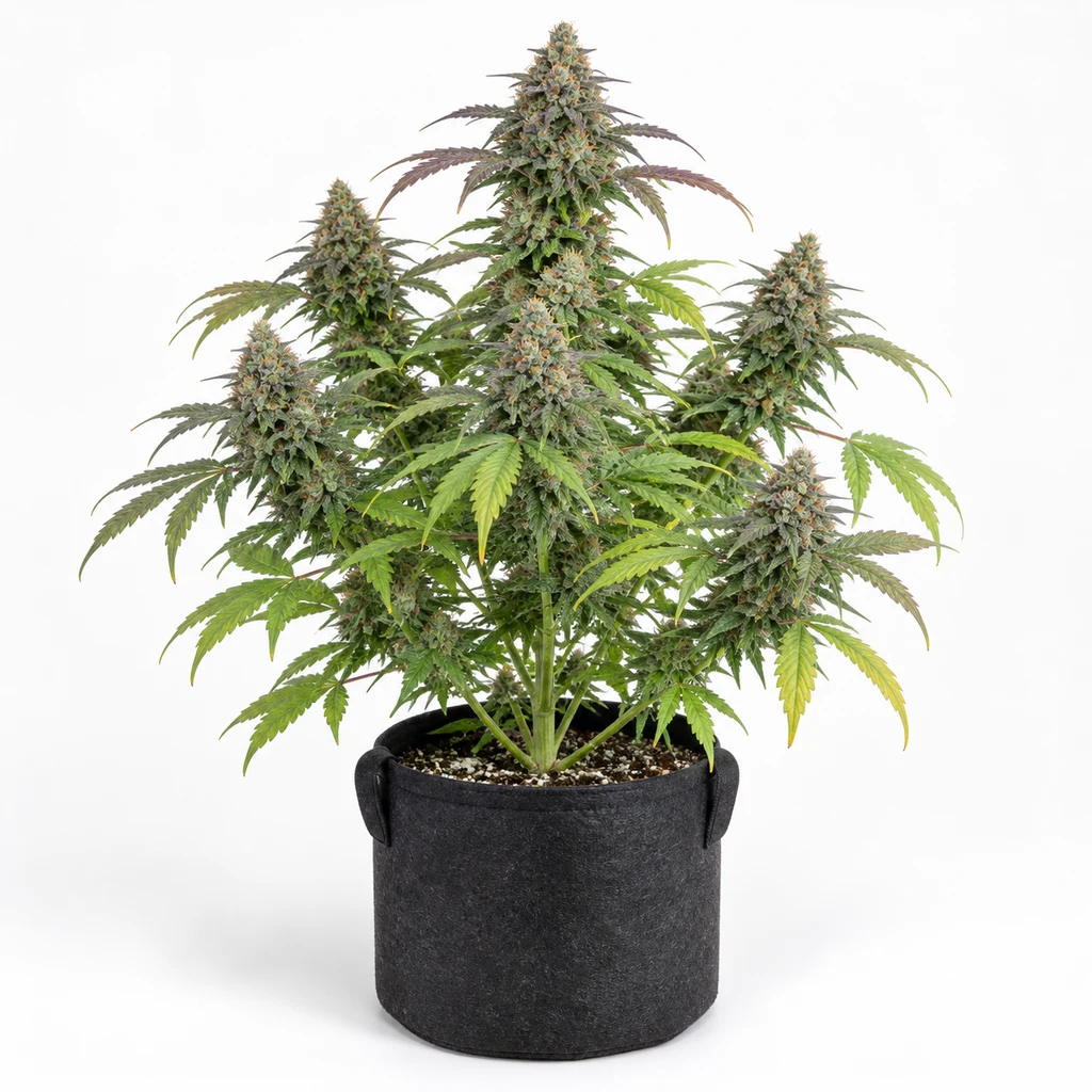 Ilustración de una planta de cannabis con cogollos alargados y hojas verdes y violáceas en maceta negra, para la ficha de Blue Dream Auto.