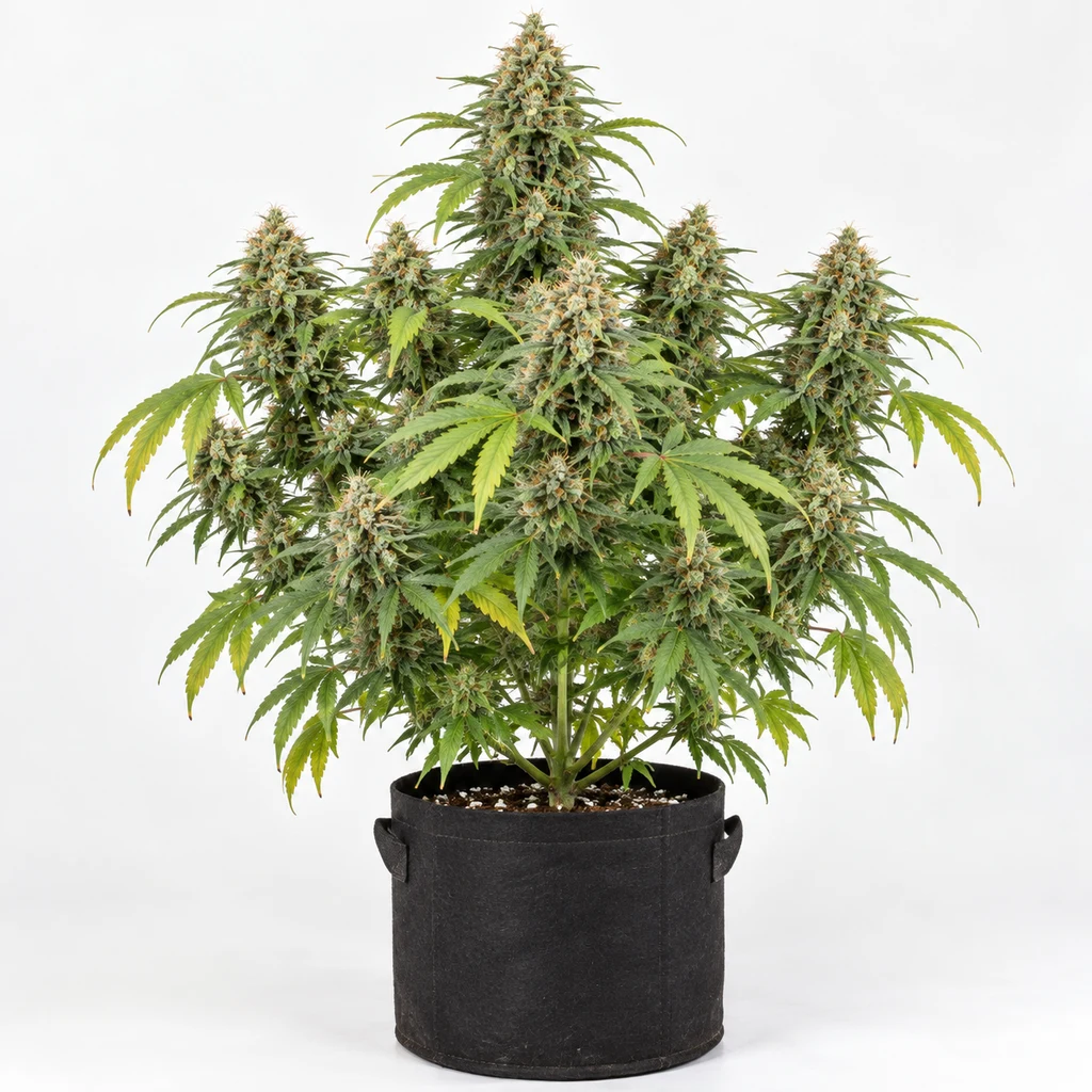 Ilustración de una planta de cannabis con flores alargadas y hojas verdes y amarillas en maceta, para la ficha de Critical X Somango Feminizada.