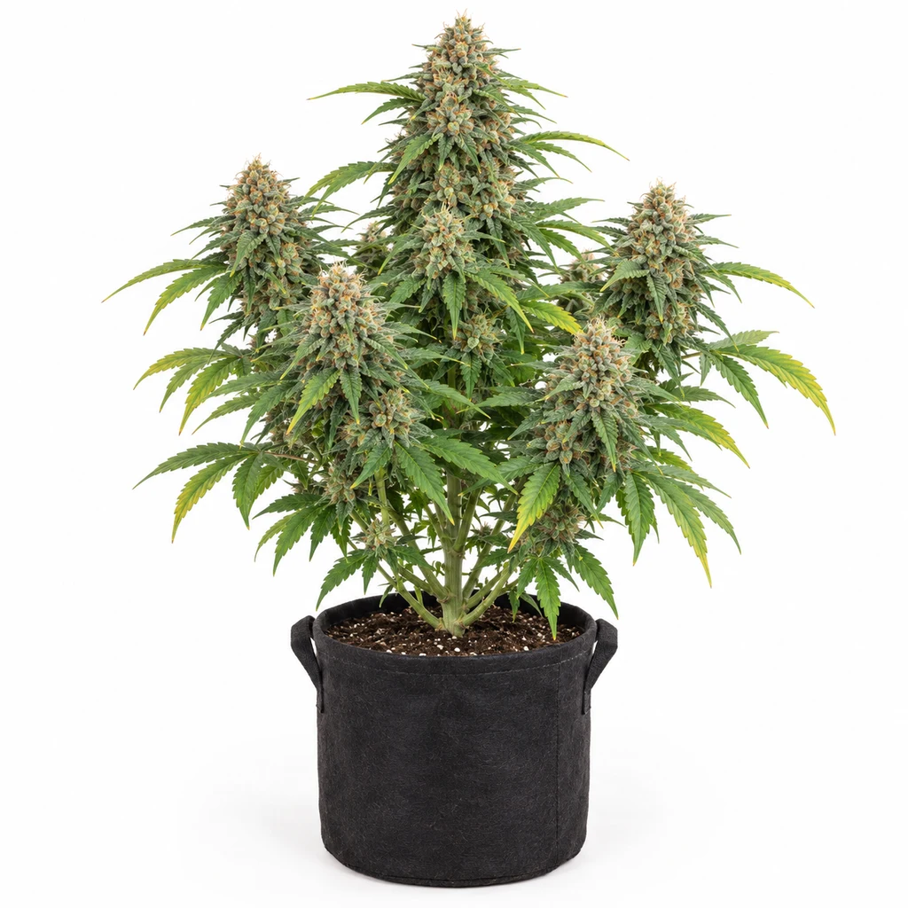 Ilustración de una planta de cannabis con varios cogollos en maceta negra sobre fondo blanco para la ficha de Medusa F1 Auto.