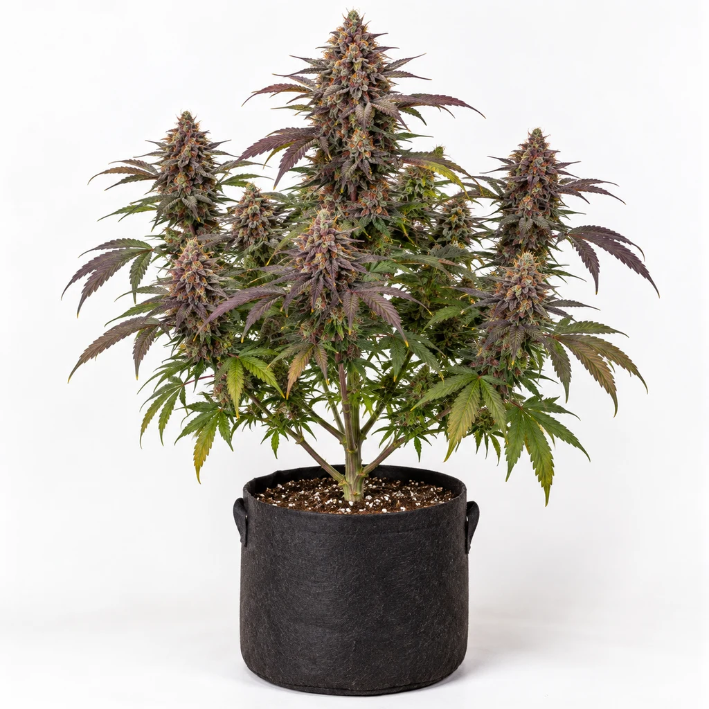 Ilustración de una planta en floración para la ficha de Red Velvet Feminizada, con cogollos y hojas verdes y moradas en una maceta negra.