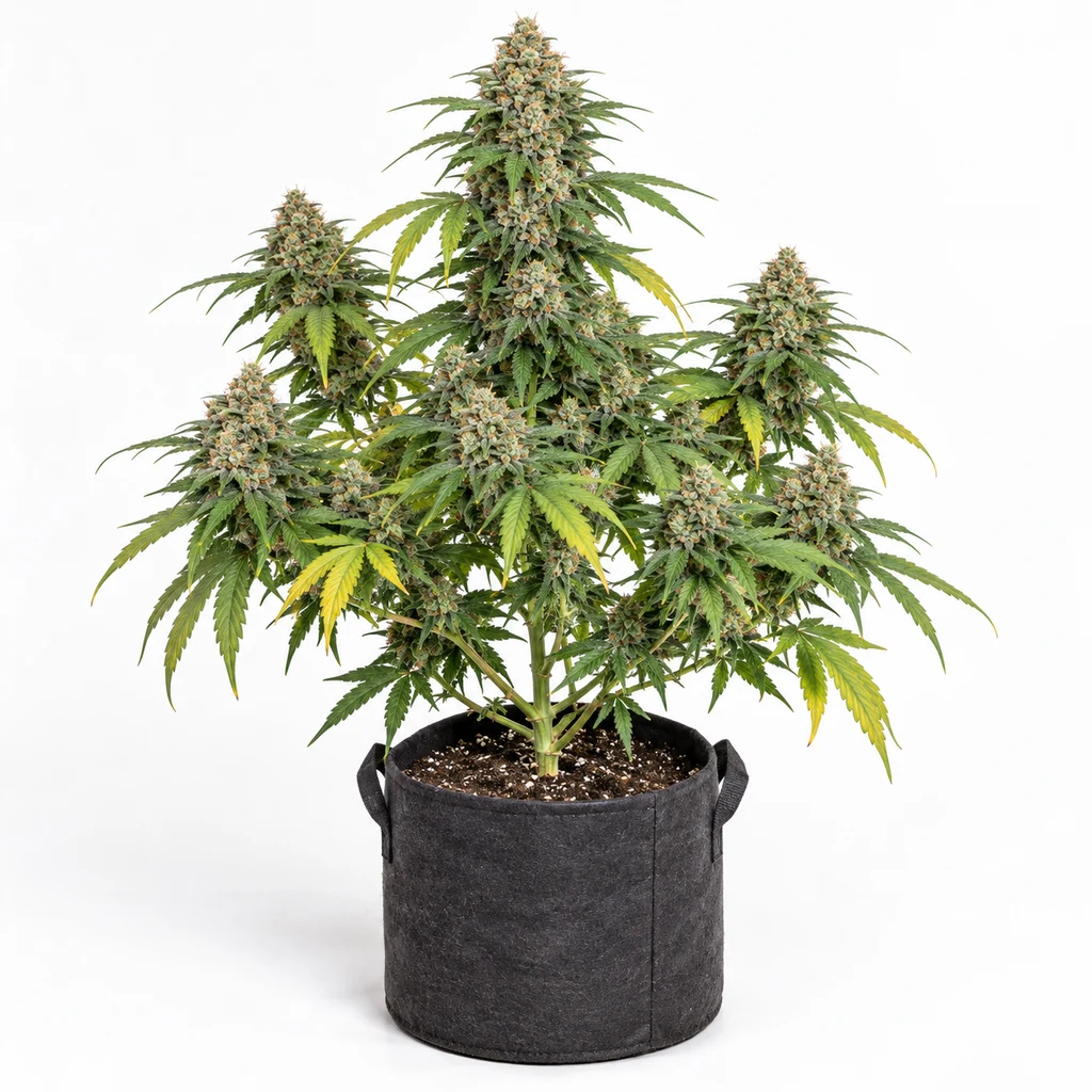 Ilustración de una planta en floración para la ficha de Auto Master Kush, con cogollos alargados y hojas verdes y amarillas en maceta de tela.