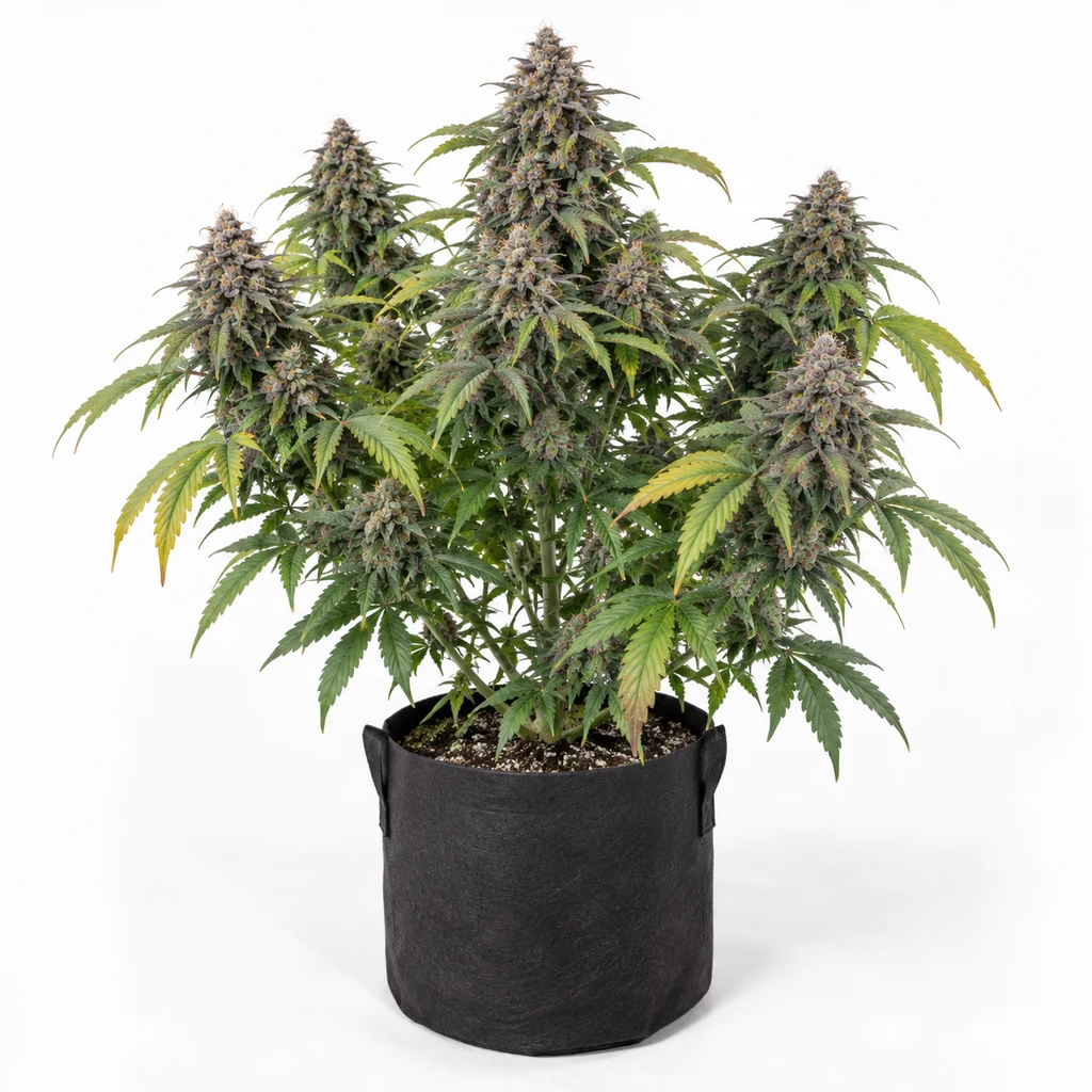 Ilustración de una planta de cannabis en floración en maceta negra para la ficha de Blueberry Honey Feminizada, con abundantes cogollos.