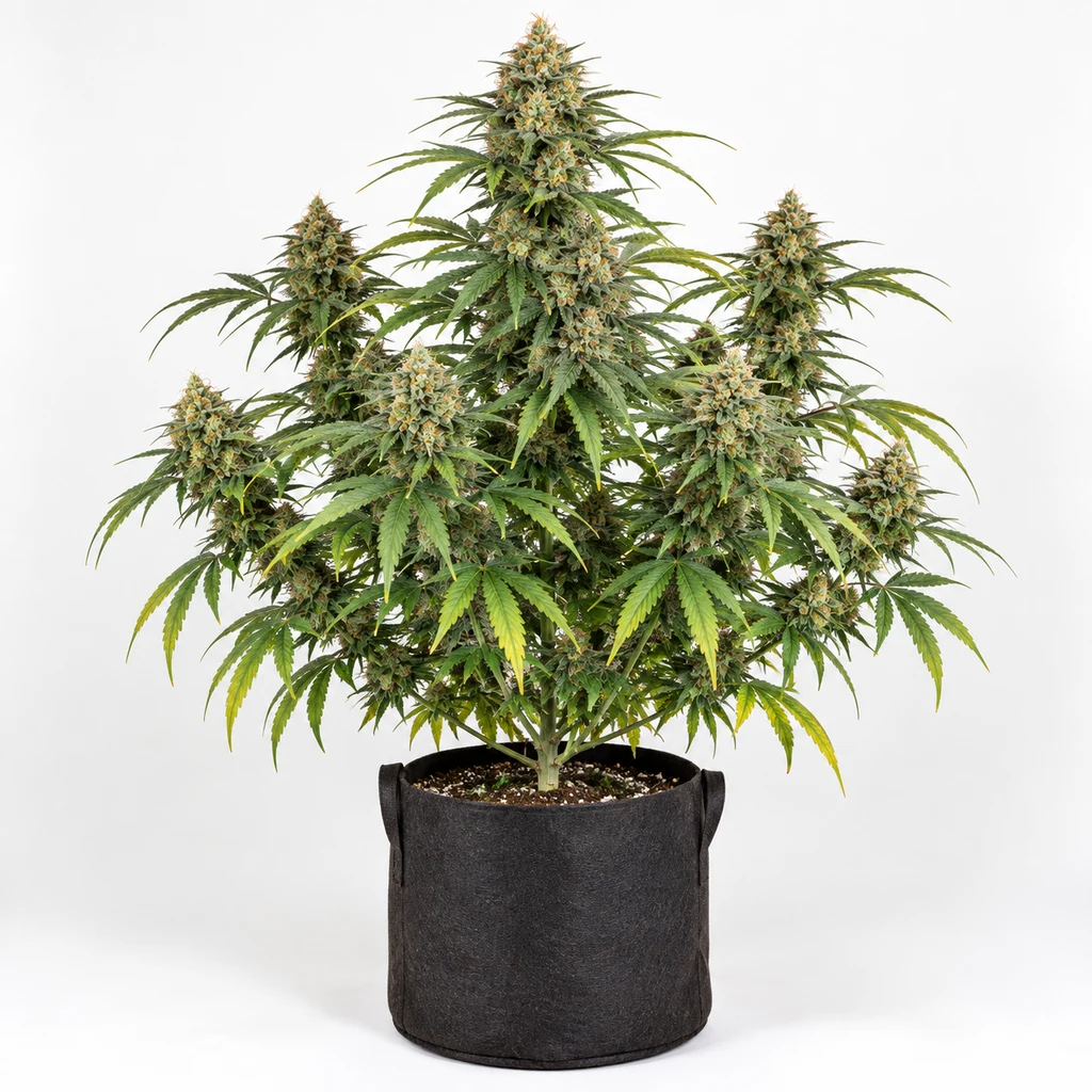 Ilustración de una planta de cannabis en floración para la ficha de Lemon Bean, con flores abundantes en una maceta negra sobre fondo blanco.