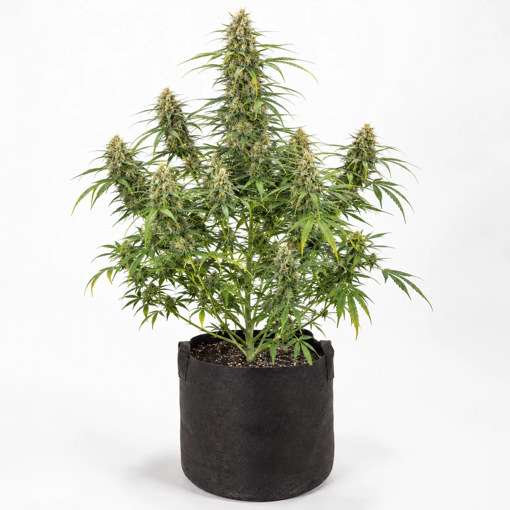 Ilustración de una planta de cannabis con copa central alta y ramas floridas en maceta textil, para la ficha de Auto Sour Diesel.