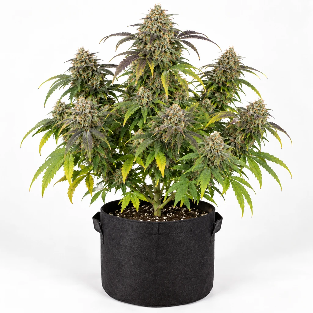Ilustración de una planta con flores densas y hojas verdes, amarillas y moradas en maceta negra para la ficha de Hollywood Rain Auto.