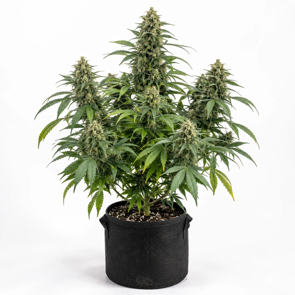 Ilustración de una planta de cannabis en floración para la ficha de Sweet Pure CBD Feminizada, en maceta de tela negra con asas.
