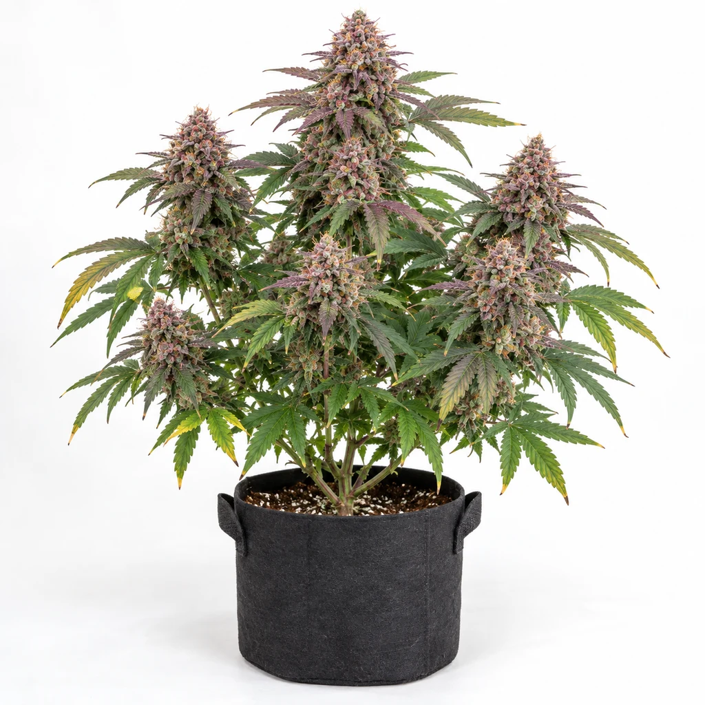 Ilustración de una planta de cannabis en maceta negra para la ficha de Pink Runtz Regular, con varias colas florales y hojas verdes y moradas.