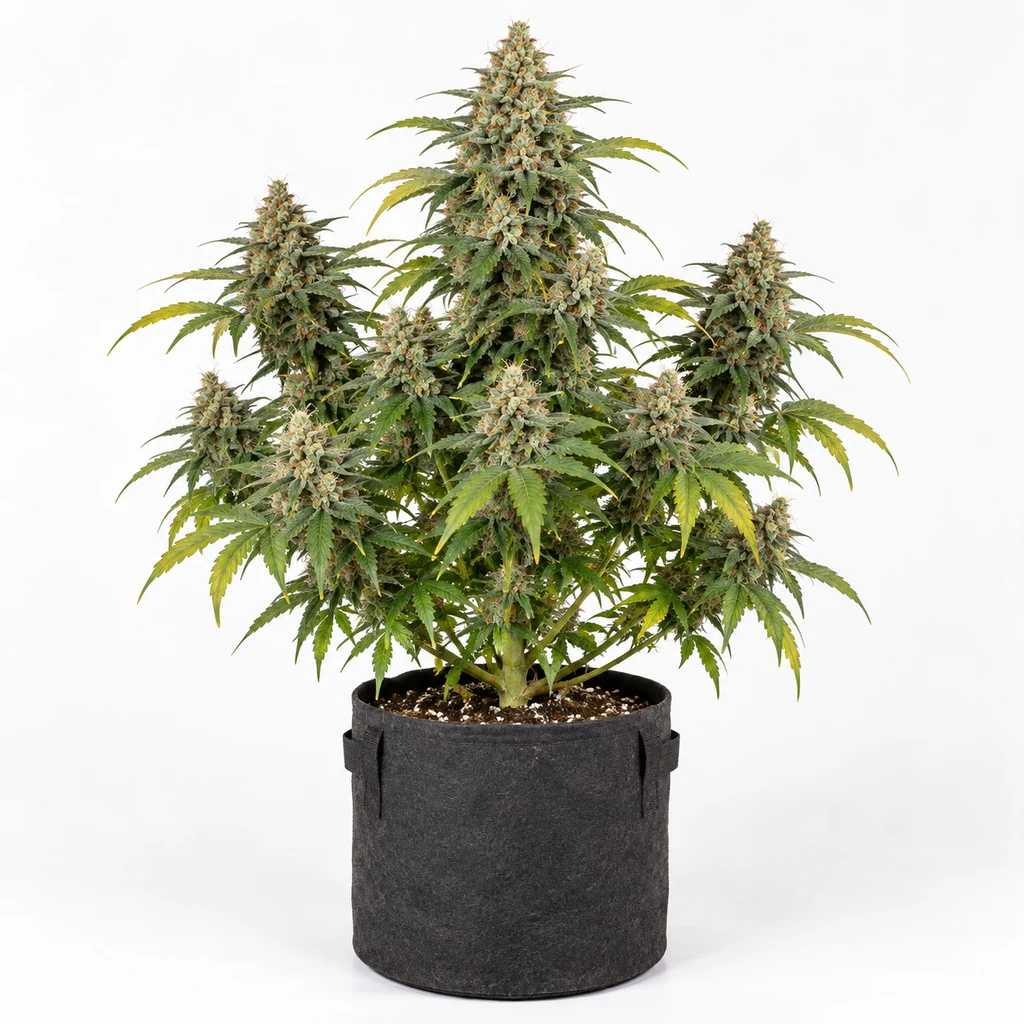 Ilustración de cannabis para la ficha de Hash Auto de PEV Seeds, con cogollos abundantes y hojas verdes en maceta negra sobre fondo blanco.