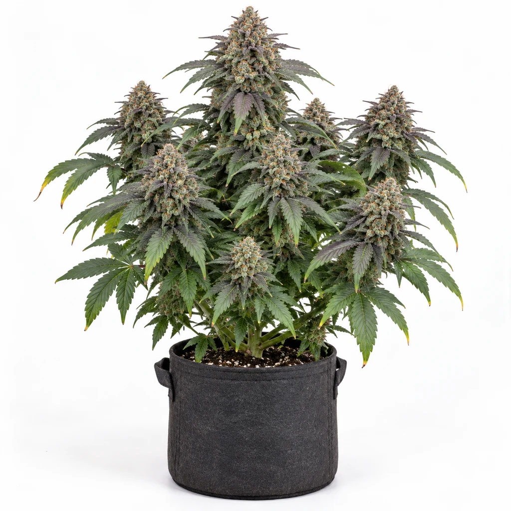 Ilustración de una planta en floración en maceta negra, con cogollos voluminosos, para la ficha de Spoetnik #1 Feminizada de Paradise Seeds.