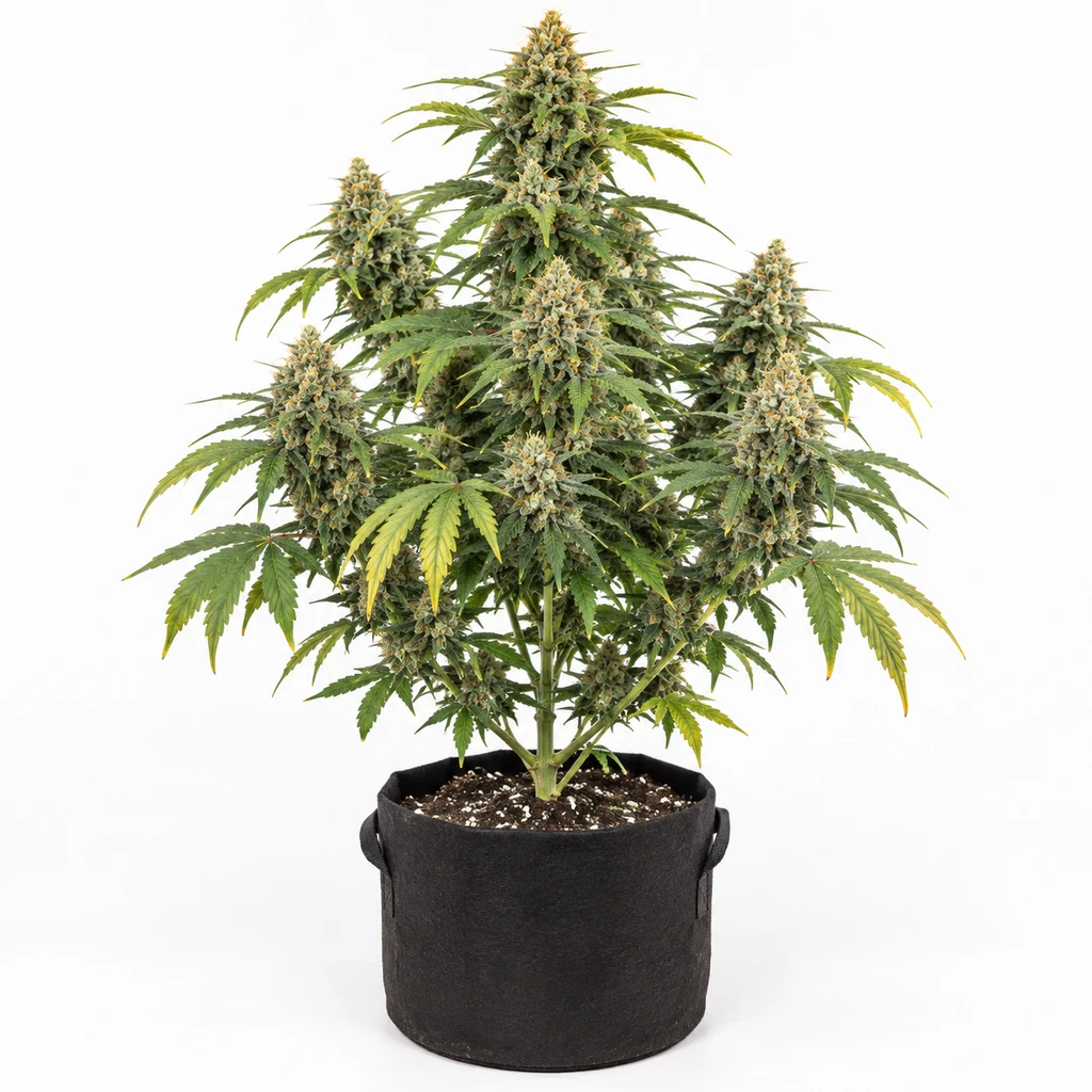 Ilustración de una planta en maceta negra con cogollos y hojas verdes y amarillas para la ficha de Auto Banana Kush.
