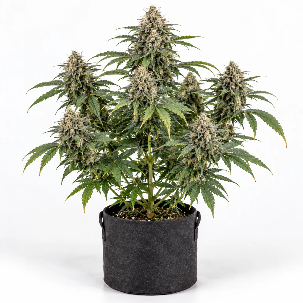 Ilustración de una planta de cannabis en floración para la ficha de Gelato Dream, con cogollos densos en una maceta de tela negra.