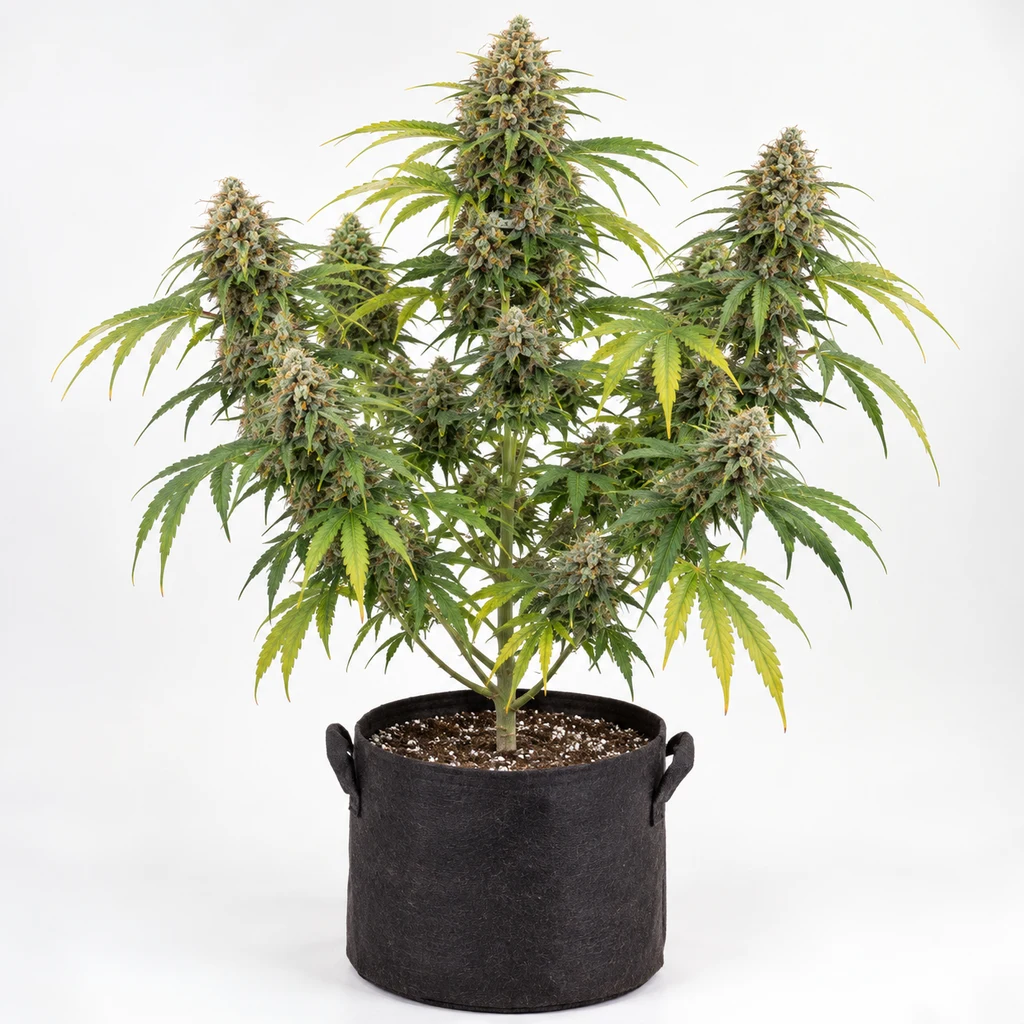 Ilustración de una planta de cannabis en floración para la ficha de BC Diesel Feminizada, con varios cogollos y maceta negra sobre fondo blanco.
