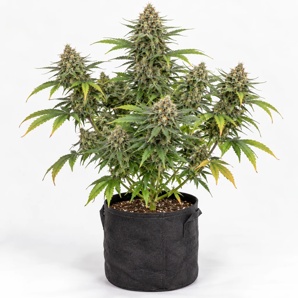 Ilustración de planta en floración para la ficha de Automatic Collection – Advanced Seeds, con cogollos densos y maceta negra.