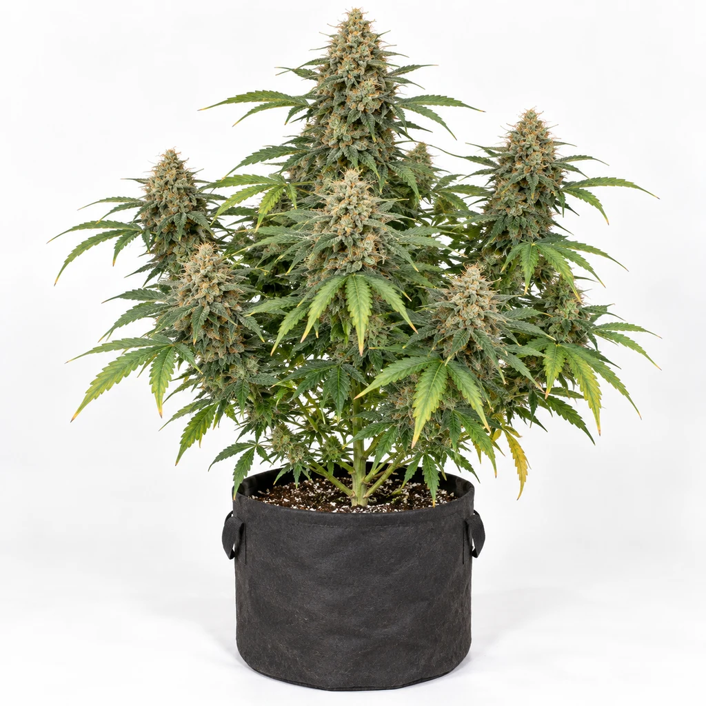 Ilustración de una planta de cannabis en floración en maceta negra de tela para la ficha de Mango Feminizada de Blimburn Seeds.