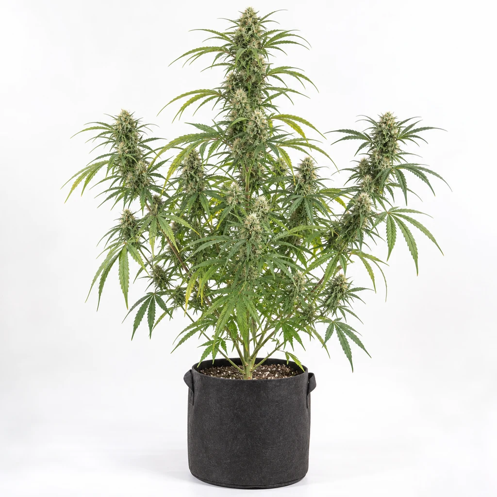 Ilustración de una planta en floración en maceta negra, con ramas laterales y cola central alta, para la ficha de THC-Victory Feminizada.
