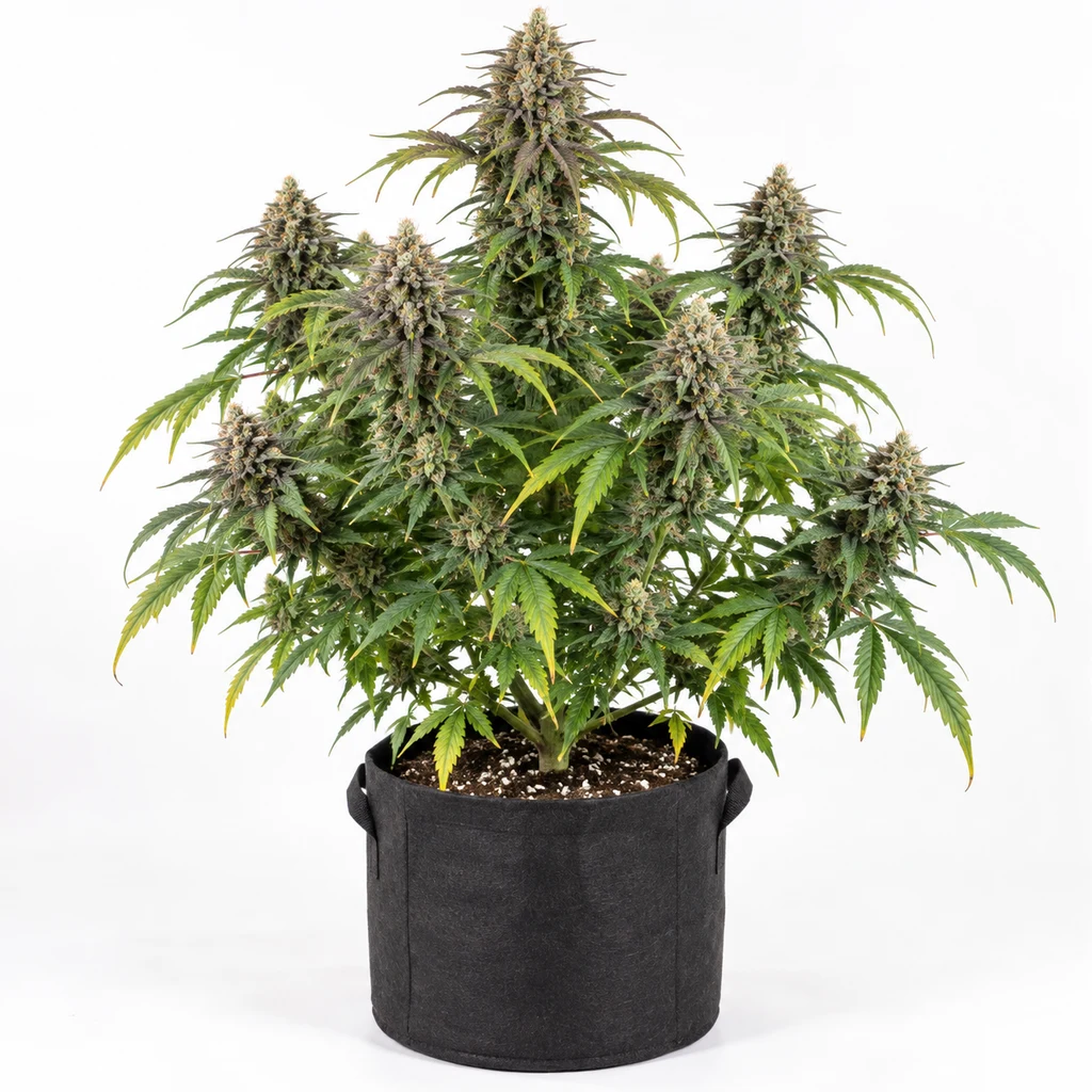 Ilustración de planta en floración para la ficha de BubbleGum Auto, con cogollos voluminosos y hojas verdes y amarillas en maceta negra.
