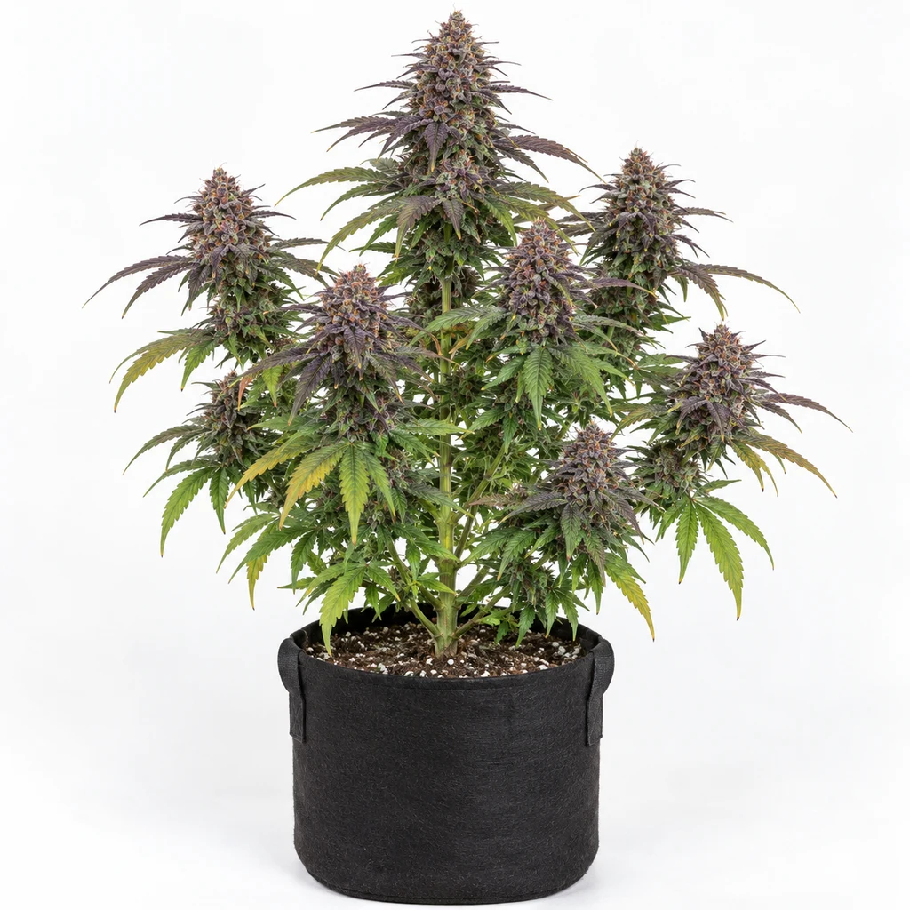 Ilustración de una planta en floración con cogollos morados y hojas verdes en maceta negra para la ficha de Auto Purple Wreck.