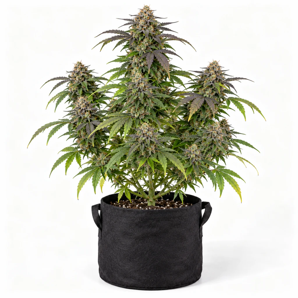 Ilustración de planta en floración con cogollos y hojas verdes y moradas en maceta negra para la ficha de Blueberry Cookies Auto.