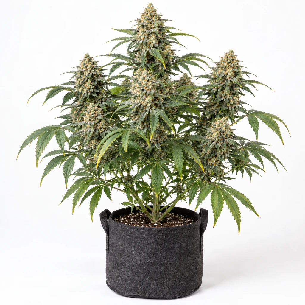 Ilustración de una planta en floración en maceta negra, con varias colas y hojas verdes, para la ficha de Misty Kush Regular.
