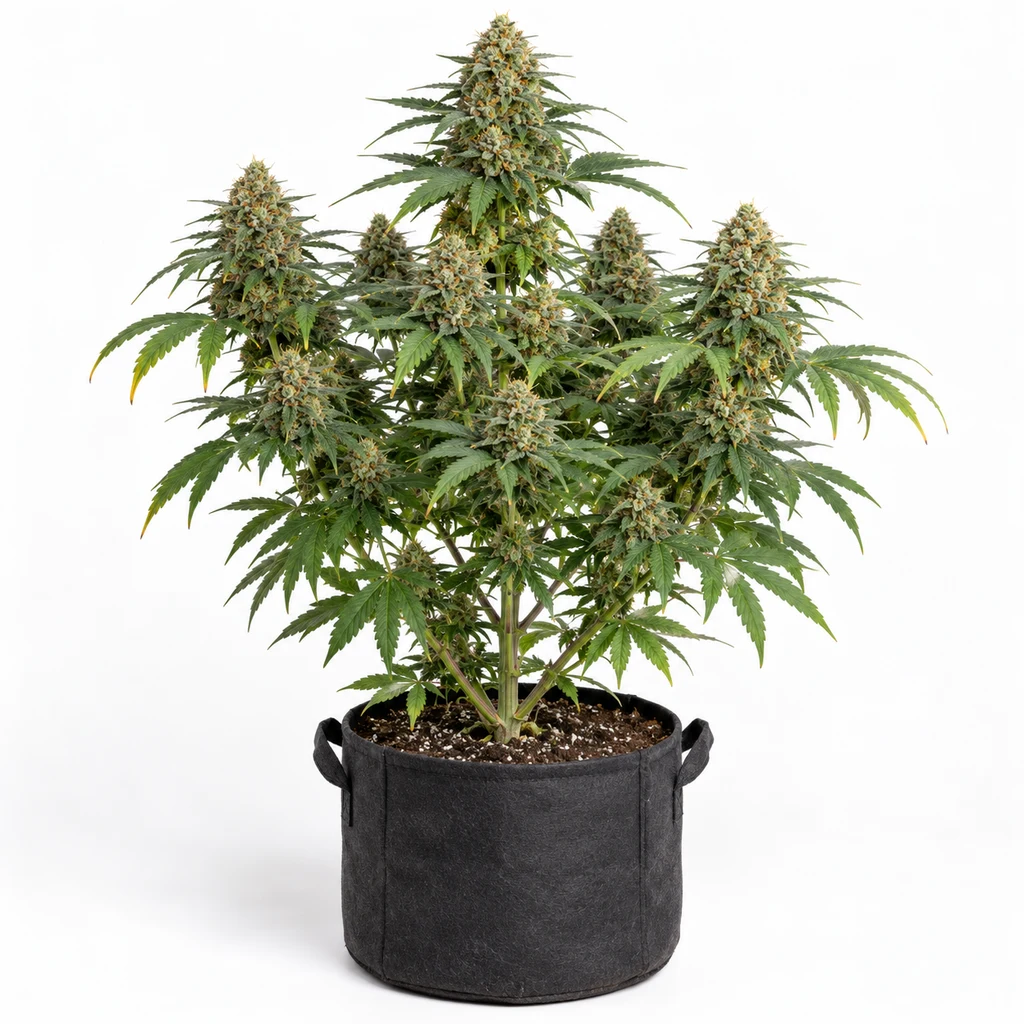 Ilustración de planta con cogollos verdes en maceta negra para la ficha de Four Prophets Feminizada de DNA Genetics.