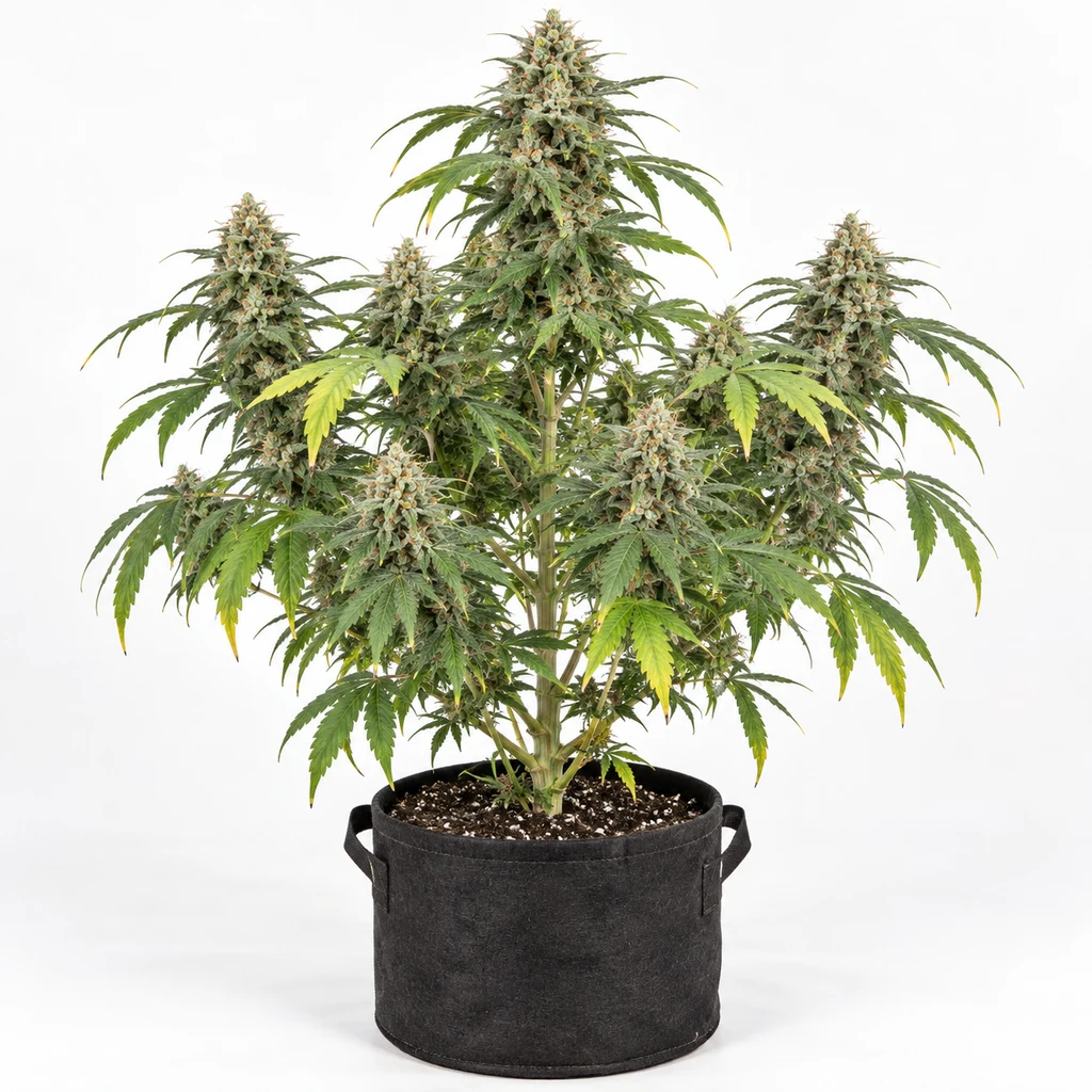 Ilustración de una planta de cannabis en floración para la ficha de Acid Feminizada, con flores abundantes en una maceta negra con asas.