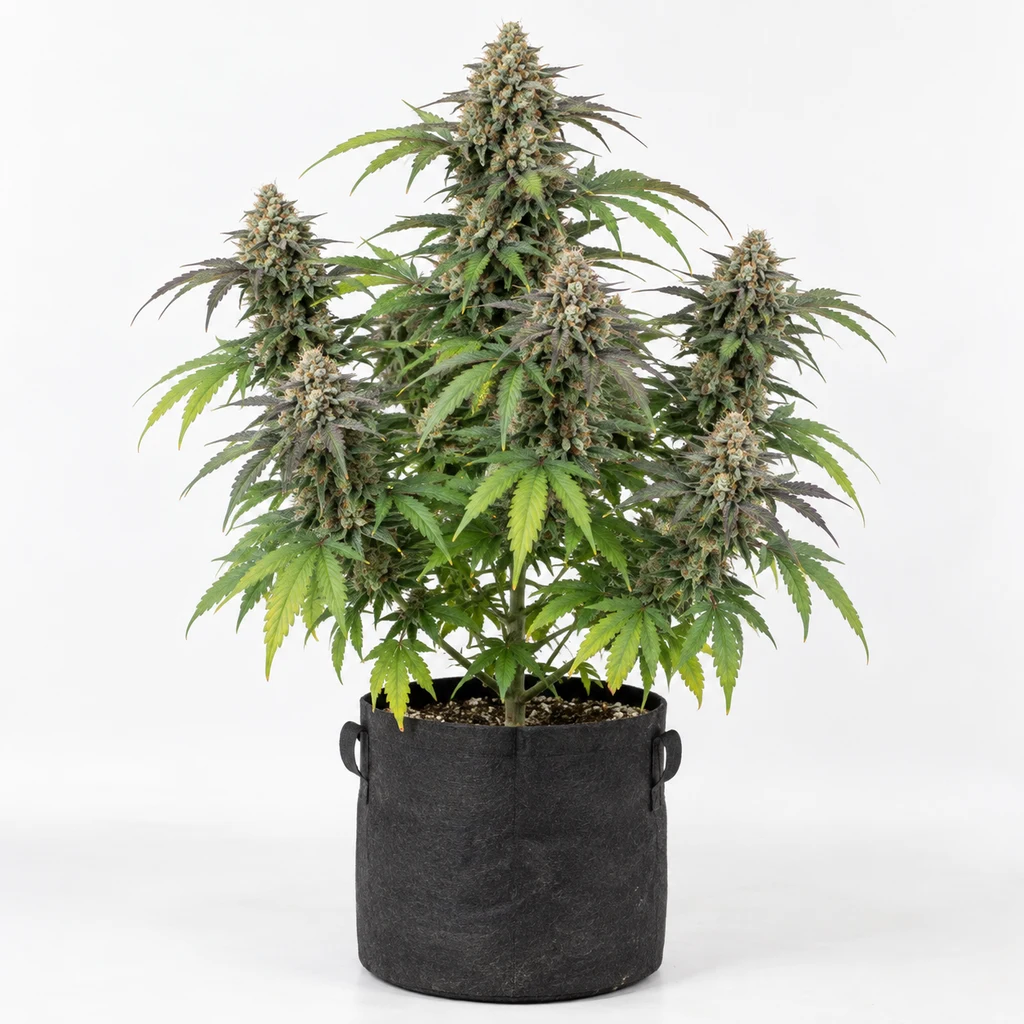 Ilustración de una planta de cannabis en floración en maceta negra, con hojas verdes y amarillas, para la ficha de Zkittlez Fast Feminizada.