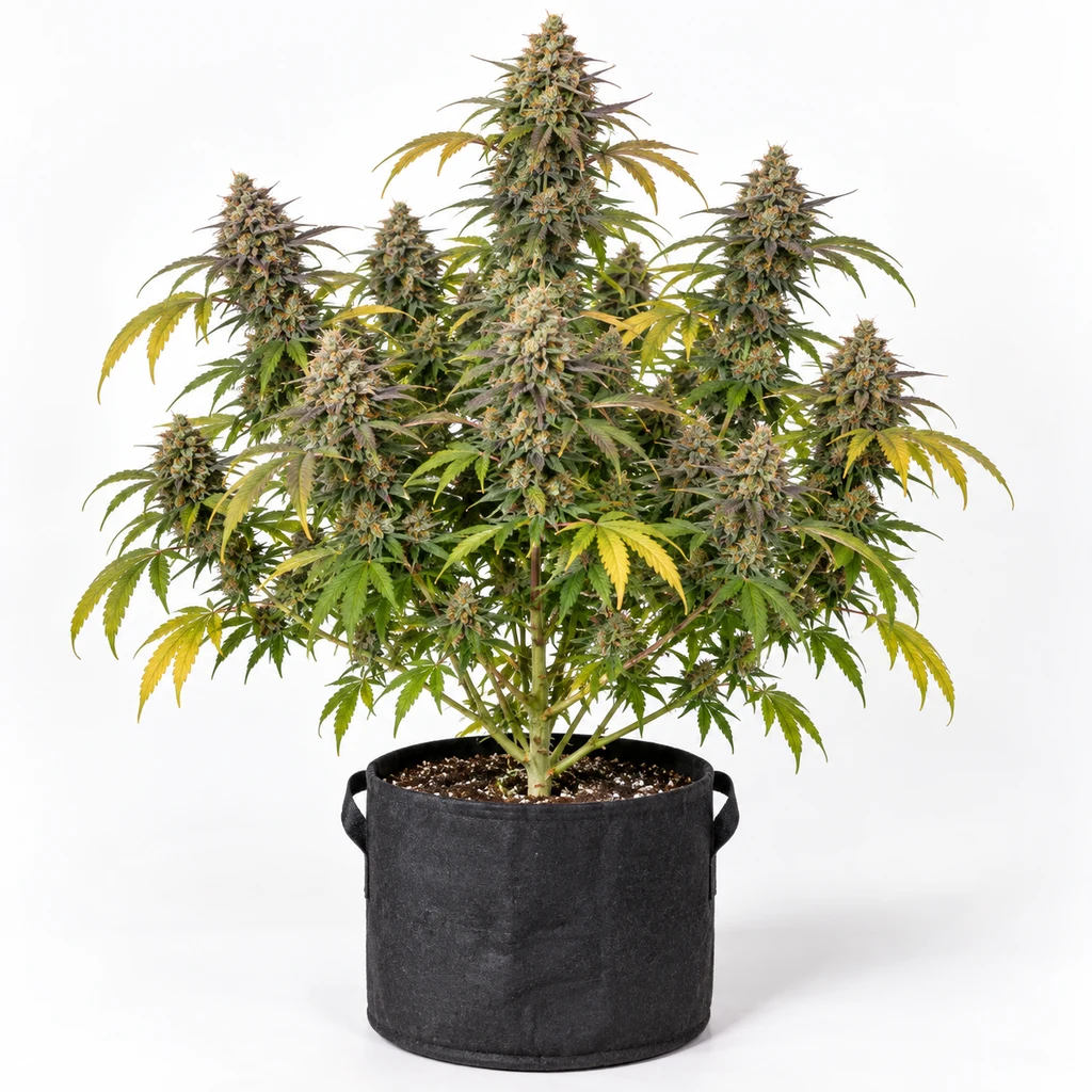 Ilustración de una planta de cannabis en floración para la ficha de Papaya Feminizada, con cogollos y hojas verdes y amarillas en maceta negra.