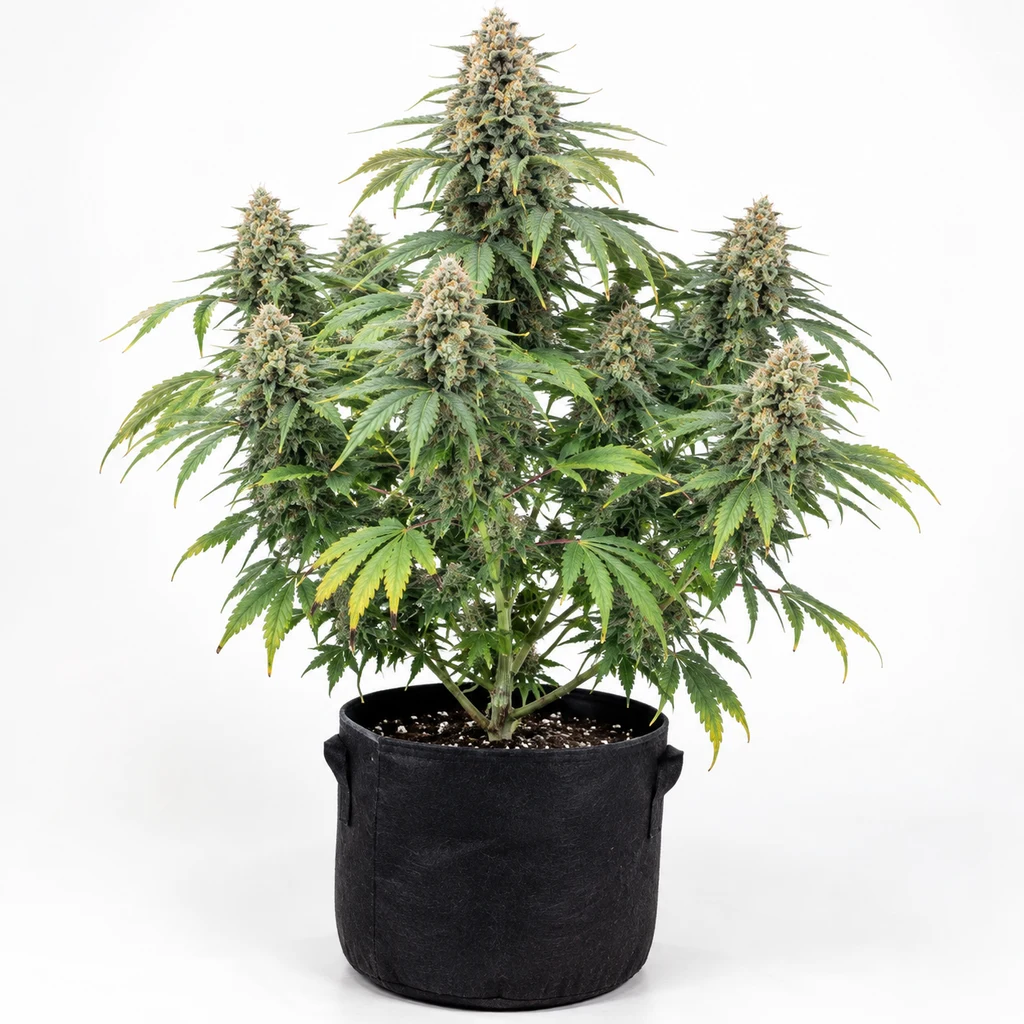 Ilustración de una planta de cannabis en floración para la ficha de Auto Gorilla Glue, con cogollos y maceta negra sobre fondo blanco.
