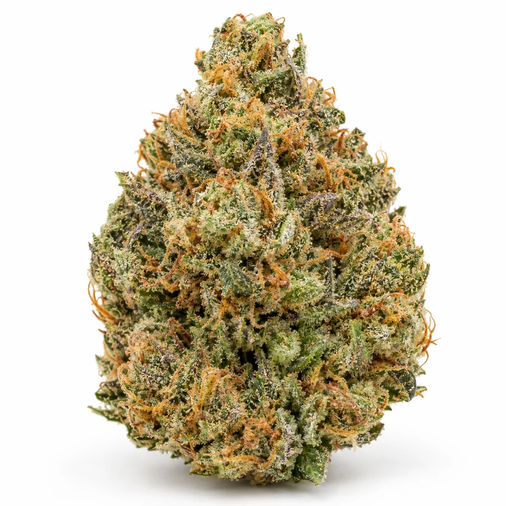 Ilustración de un cogollo verde con filamentos anaranjados y superficie blanquecina para la ficha de Cherry Pie Auto de High Speed Buds.