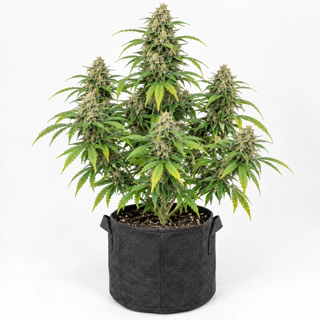 Ilustración de una planta en floración para la ficha de Skunk #1 Auto, con varias colas florales en una maceta negra sobre fondo blanco.