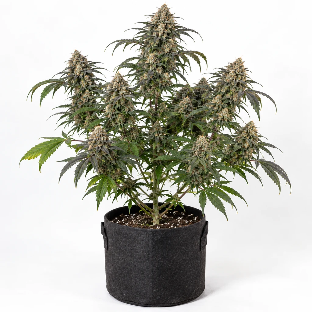Ilustración de una planta de cannabis en floración en maceta negra sobre fondo blanco para la ficha de Gary Payton Feminizada.