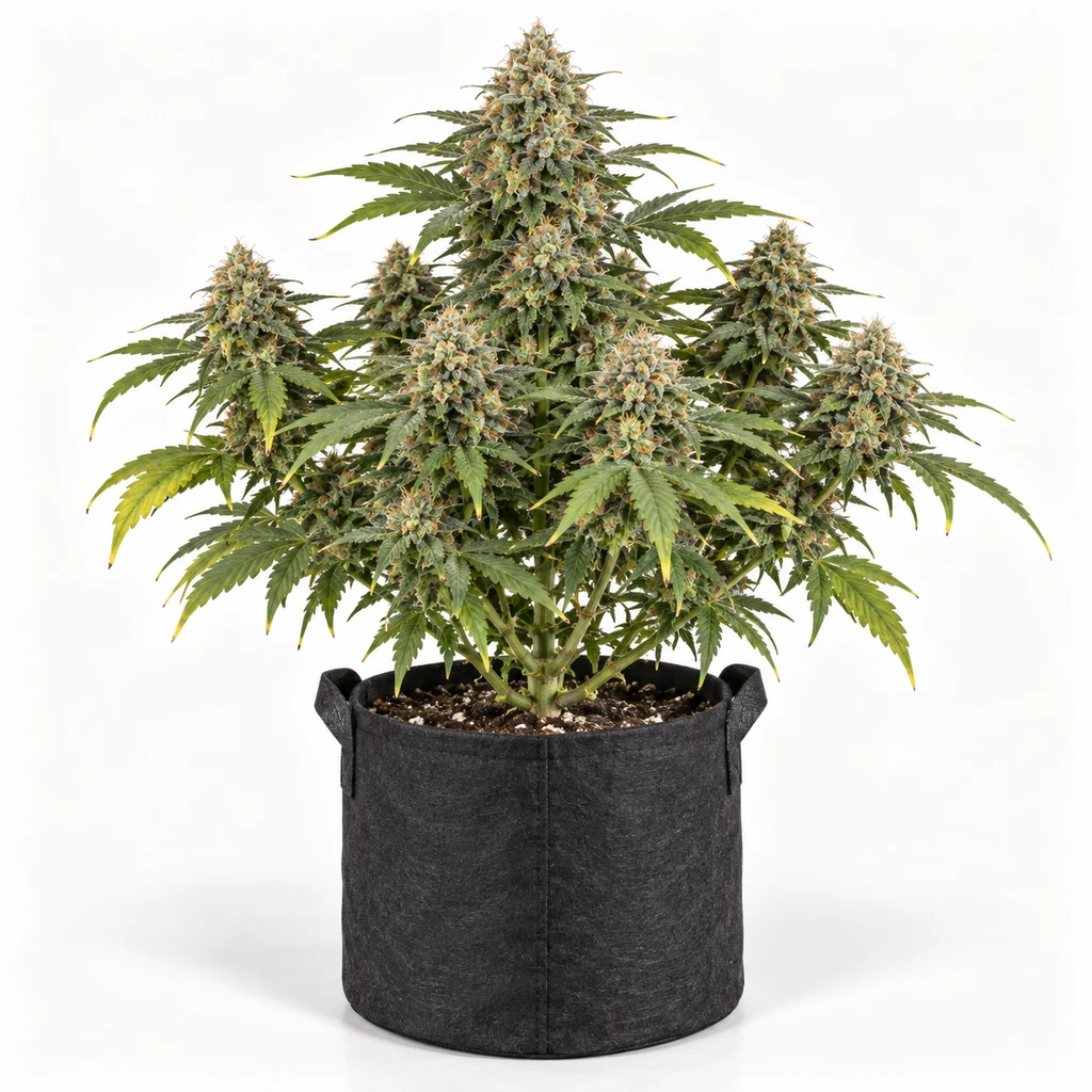 Ilustración de una planta de cannabis con abundantes cogollos en maceta de tela negra para la ficha de Pineapple Gum Auto de Black Skull Seeds.