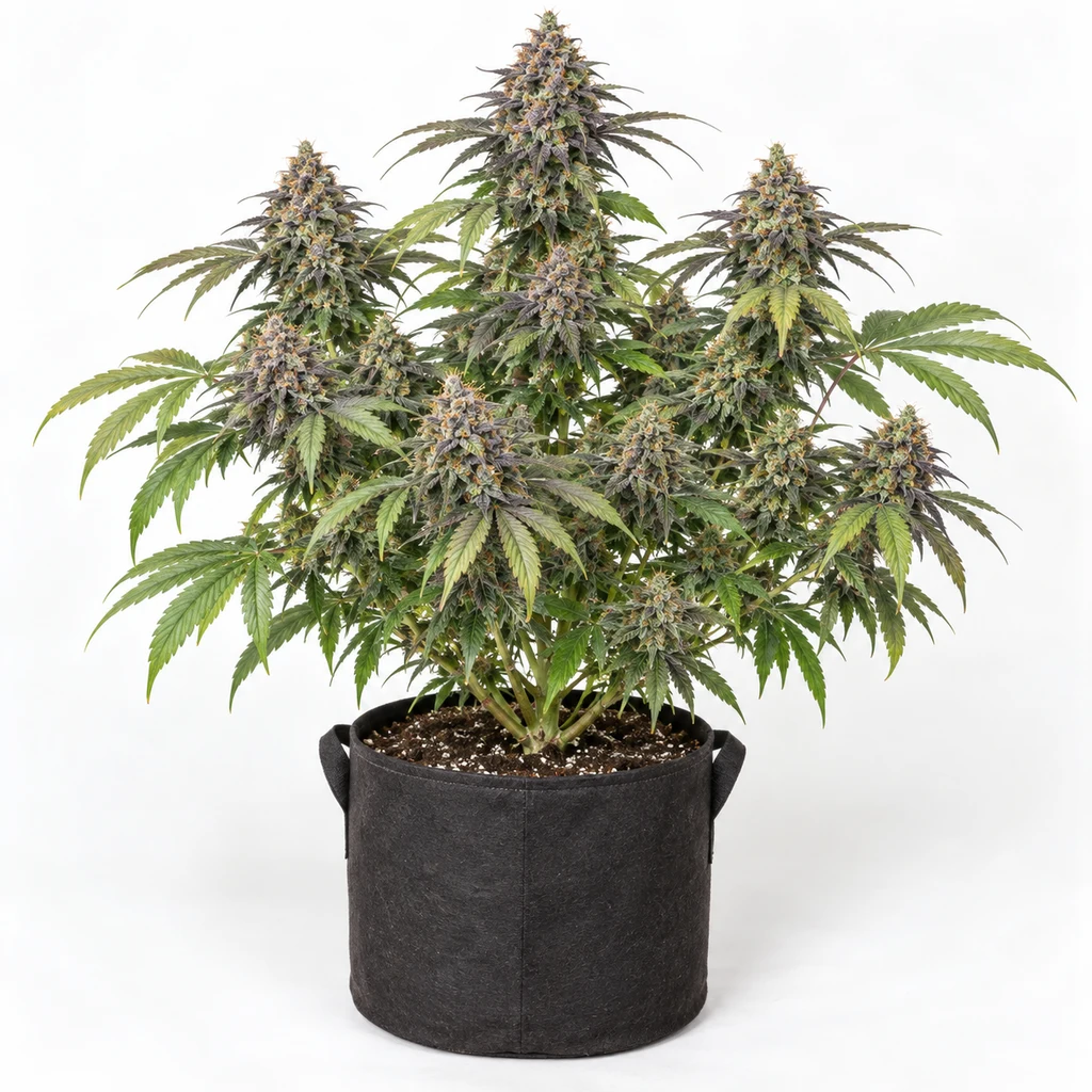 Ilustración de una planta en floración para la ficha de Kush N Cookies CBD, con varias ramas con cogollos y maceta negra sobre fondo blanco.