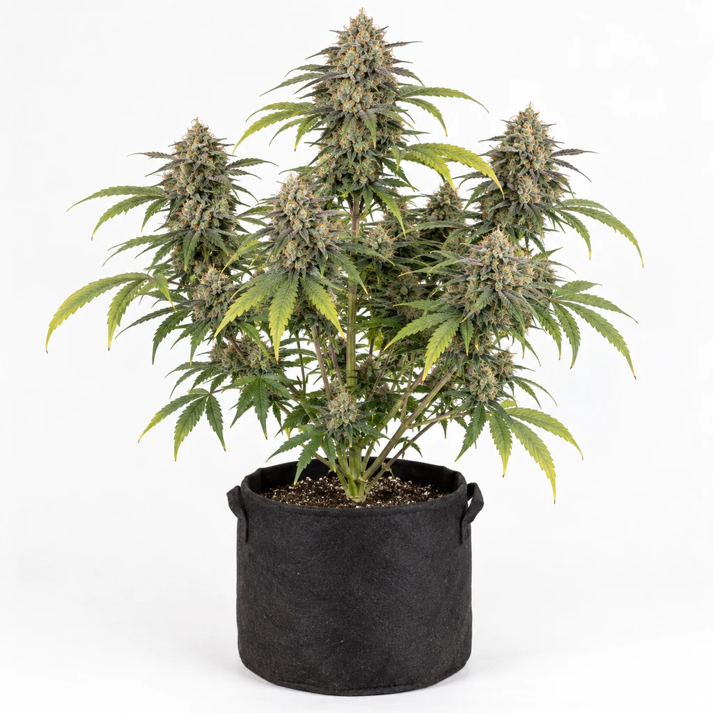 Ilustración de una planta de cannabis con cogollos y hojas verdes y amarillas en maceta negra, para la ficha de Fizzy Gum Feminizada.