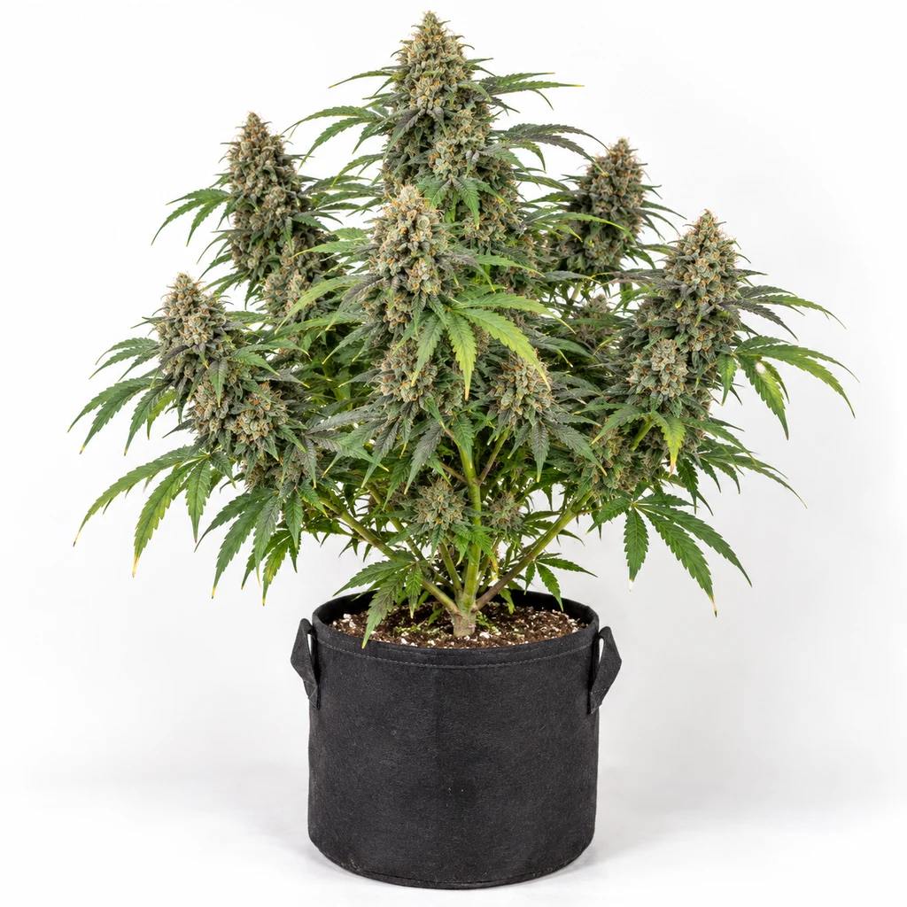 Ilustración de una planta de cannabis con cogollos voluminosos en maceta negra para la ficha de White Truffle Feminizada.