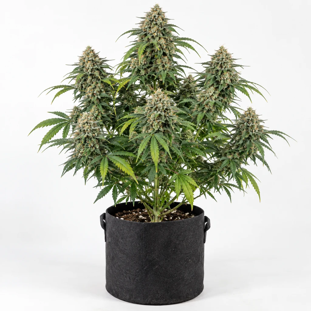 Ilustración de una planta de cannabis con flores densas y maceta negra para la ficha de La Rica CBD Feminizada.