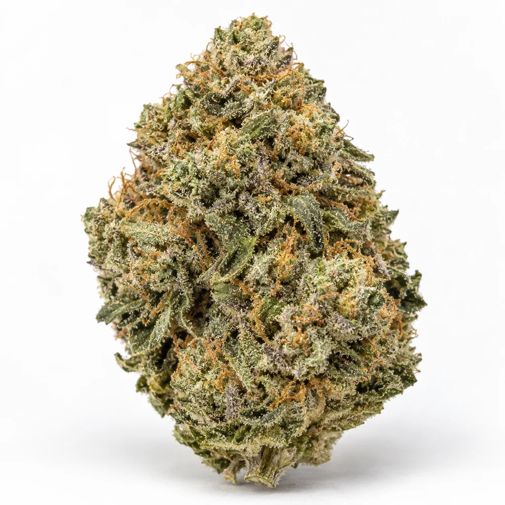 Ilustración de un cogollo verde con filamentos anaranjados y superficie blanquecina para la ficha de Gorilla Cookies Auto de High Speed Buds.