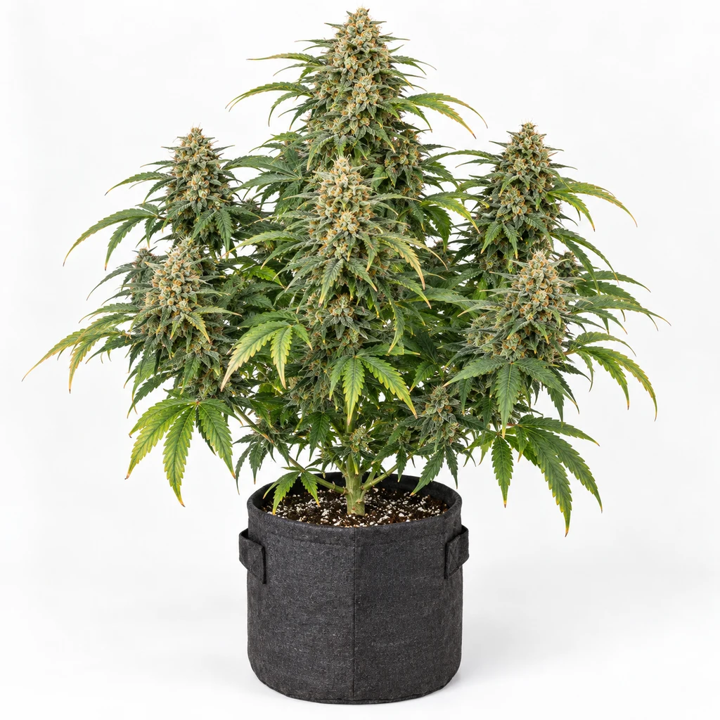Ilustración de una planta en floración para la ficha de Gorilla Cookies Auto, con cogollos alargados y maceta gris sobre fondo blanco.