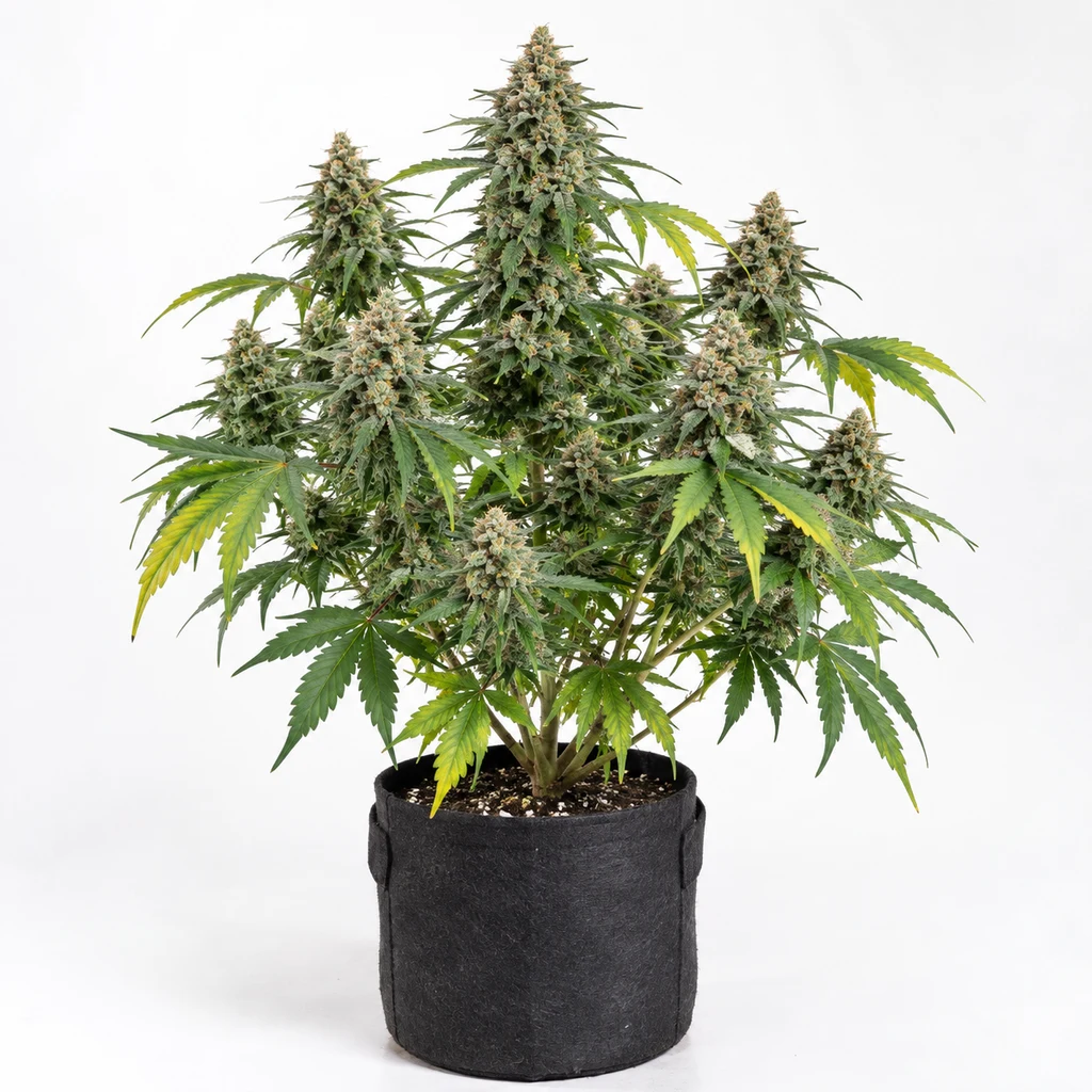 Ilustración de una planta de cannabis en floración para la ficha de Bullshit Feminizada, en maceta negra sobre fondo blanco.