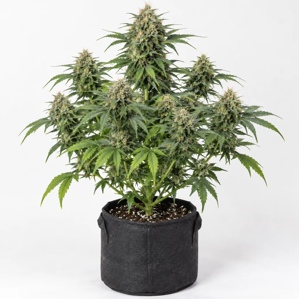 Ilustración de una planta de cannabis para la ficha de Mass Auto – Grass-O-Matic, con cogollos y hojas verdes en maceta de tela negra.