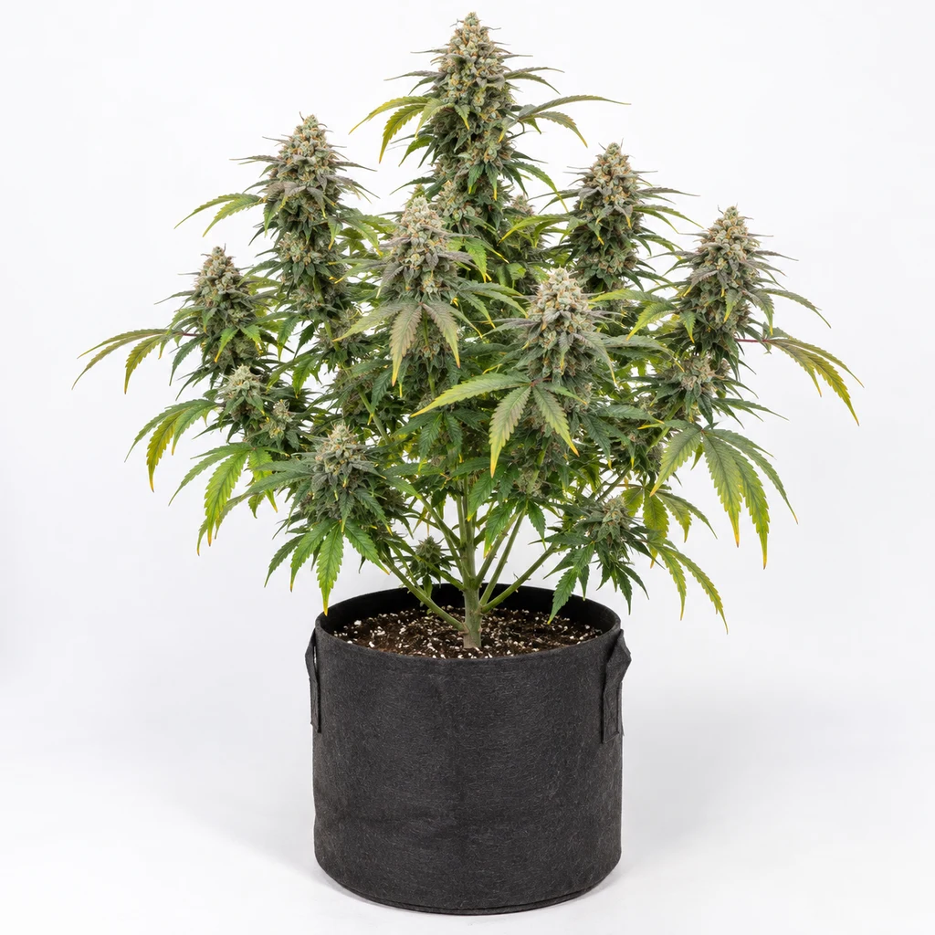 Ilustración de una planta de cannabis en floración para la ficha de Deep Candy Feminizada, en maceta textil negra sobre fondo blanco.