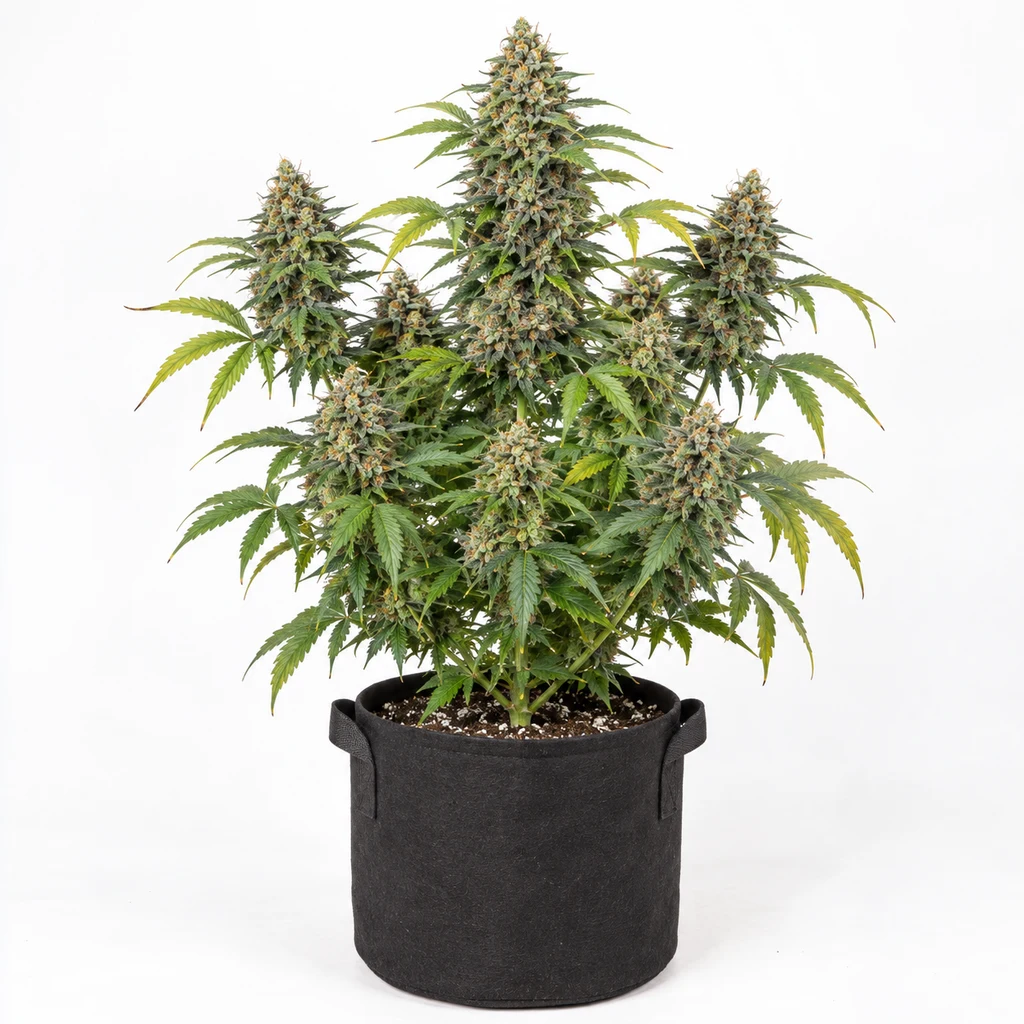 Ilustración de una planta en floración en maceta negra, con varias colas, para la ficha de Gorilla Cookies Fast Feminizada.