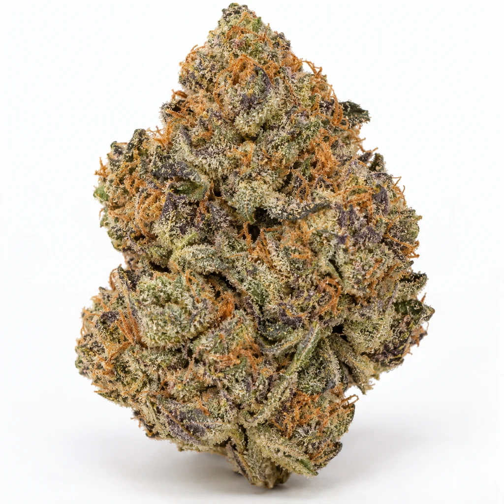 Ilustración de un cogollo verde y morado con pistilos naranjas para la ficha de Triple Scoop x Berniehana Butter Feminizada.