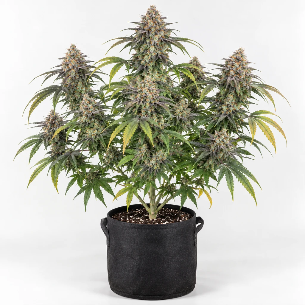 Ilustración de una planta de cannabis en maceta negra para la ficha de Korenji x Runtz, con varias colas florales y hojas verdes y amarillas.