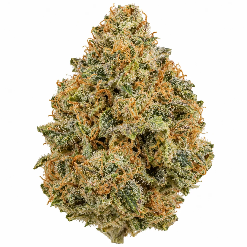 Ilustración de un cogollo verde con pistilos anaranjados y abundantes tricomas para la ficha de White Widow XXL Auto de Barney's Farm.