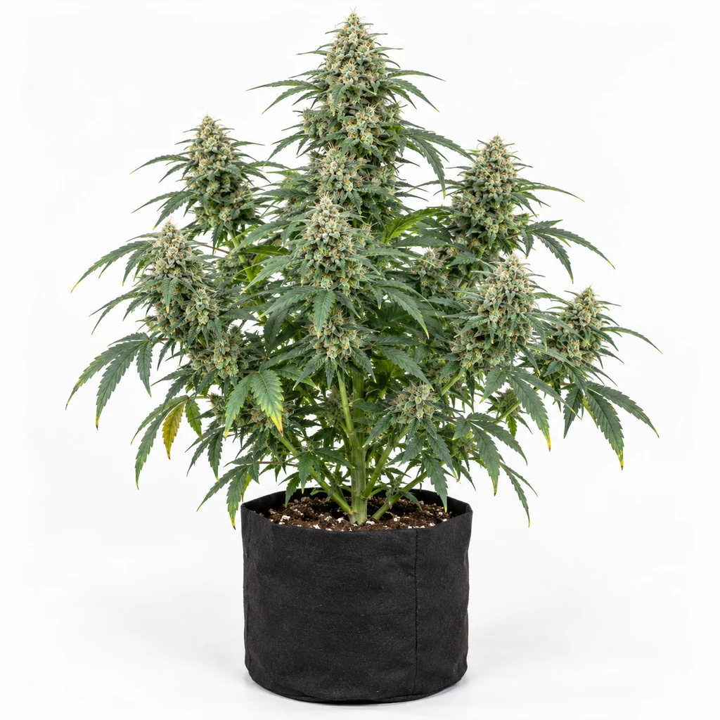 Ilustración de una planta en floración para la ficha de White Widow XXL Auto, con cogollos alargados y maceta negra sobre fondo blanco.