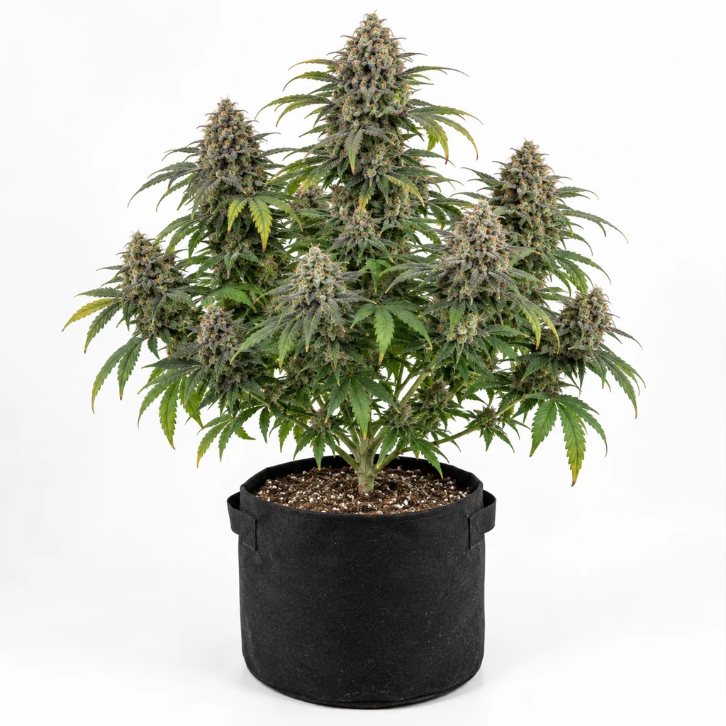 Ilustración de una planta con flores abundantes en maceta negra de tela para la ficha de Space Cookies Auto CBD.
