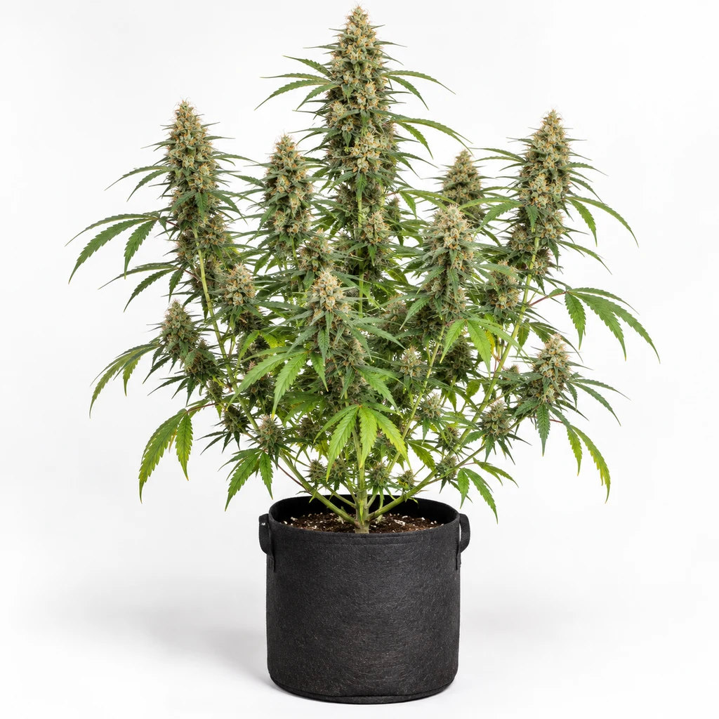 Ilustración de una planta de cannabis en floración para la ficha de Bruce Banner Feminizada, con varios cogollos y maceta negra sobre fondo blanco.